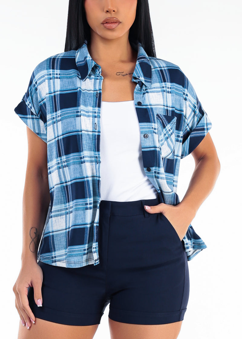 Short Sleeve Button Up Stretch Plaid Blouse Navy