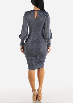 Sexy Blue Metallic Long Sleeve Above Knee Ruched Stretch Dress