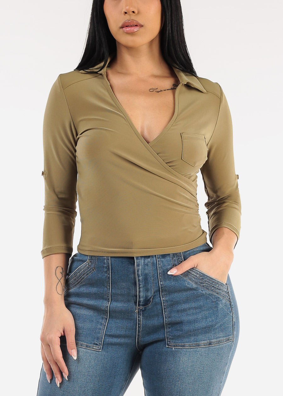 Quarter Sleeve Surplice Blouse Olive