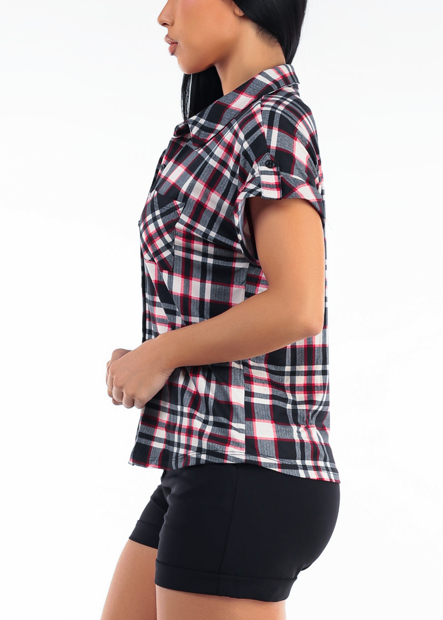Short Sleeve Button Up Stretch Plaid Blouse Black