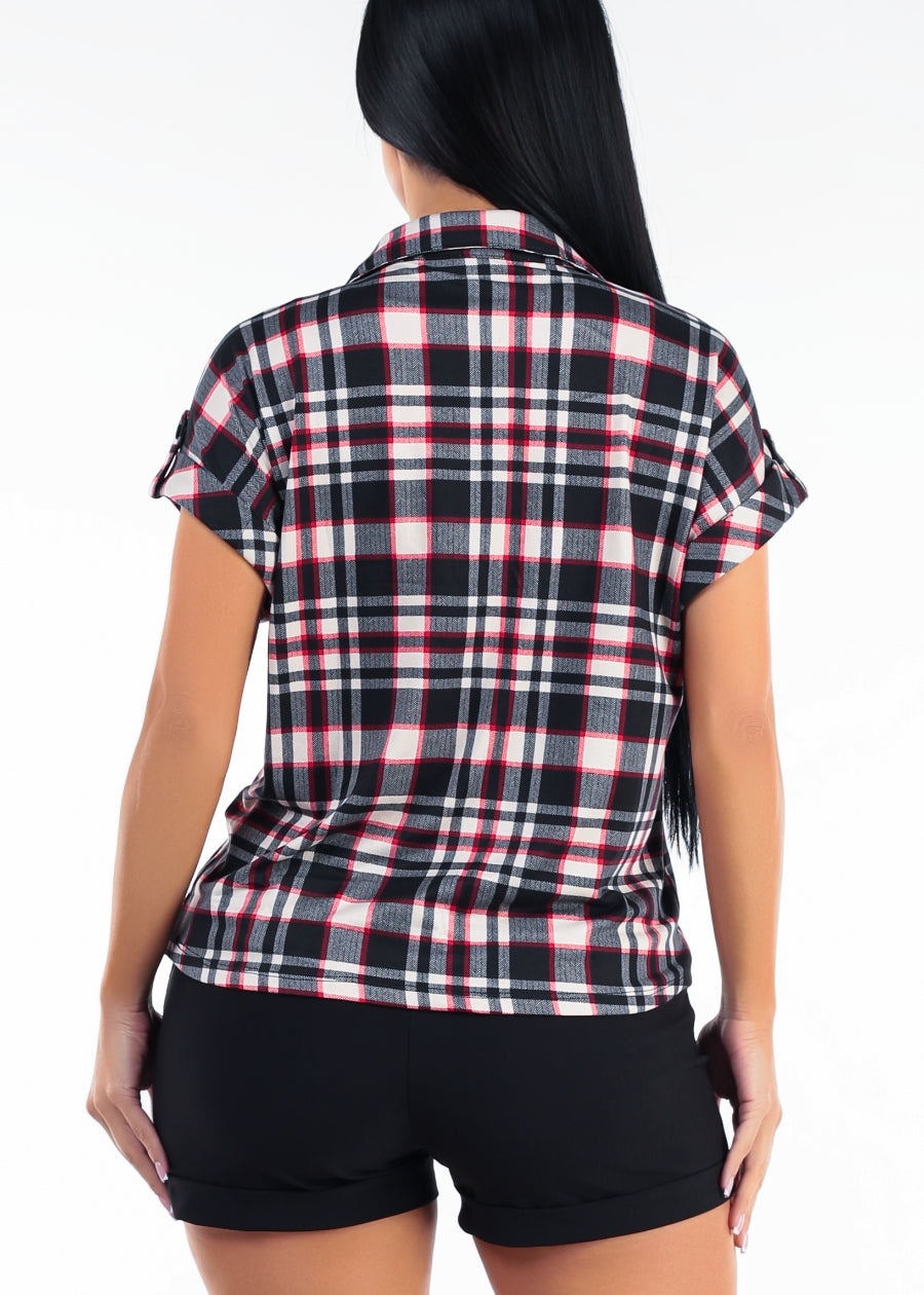 Short Sleeve Button Up Stretch Plaid Blouse Black