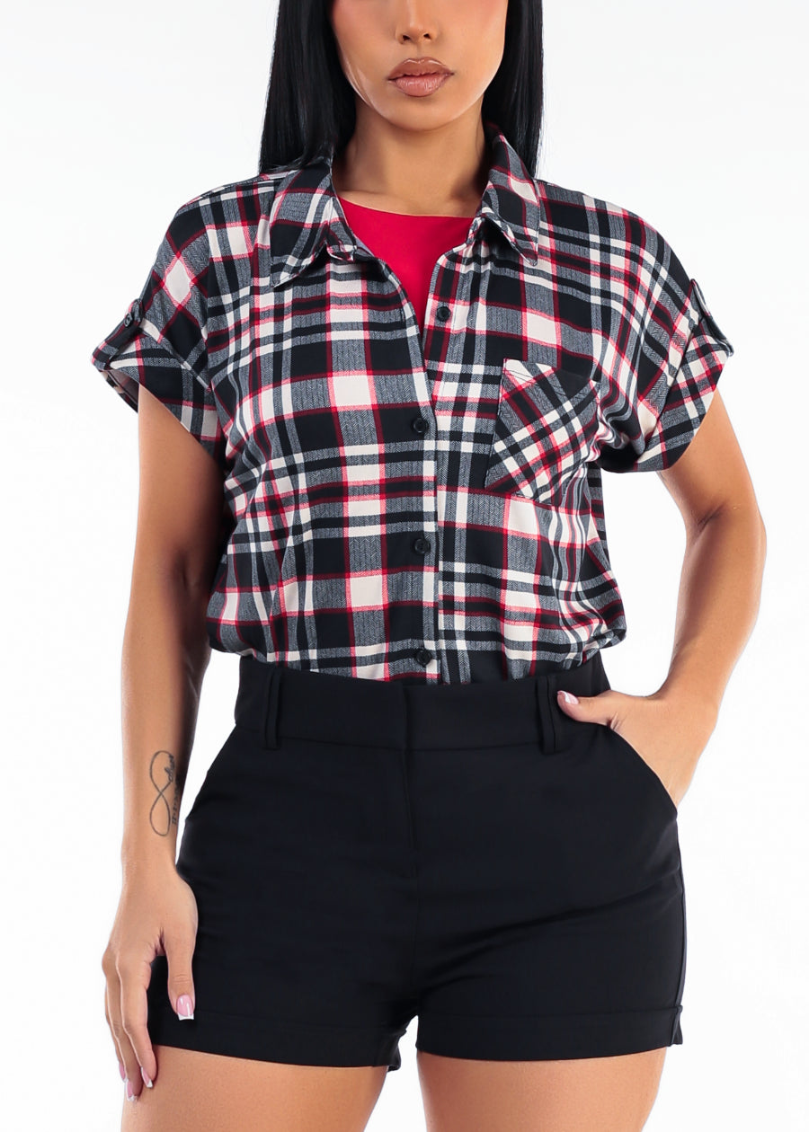 Short Sleeve Button Up Stretch Plaid Blouse Black