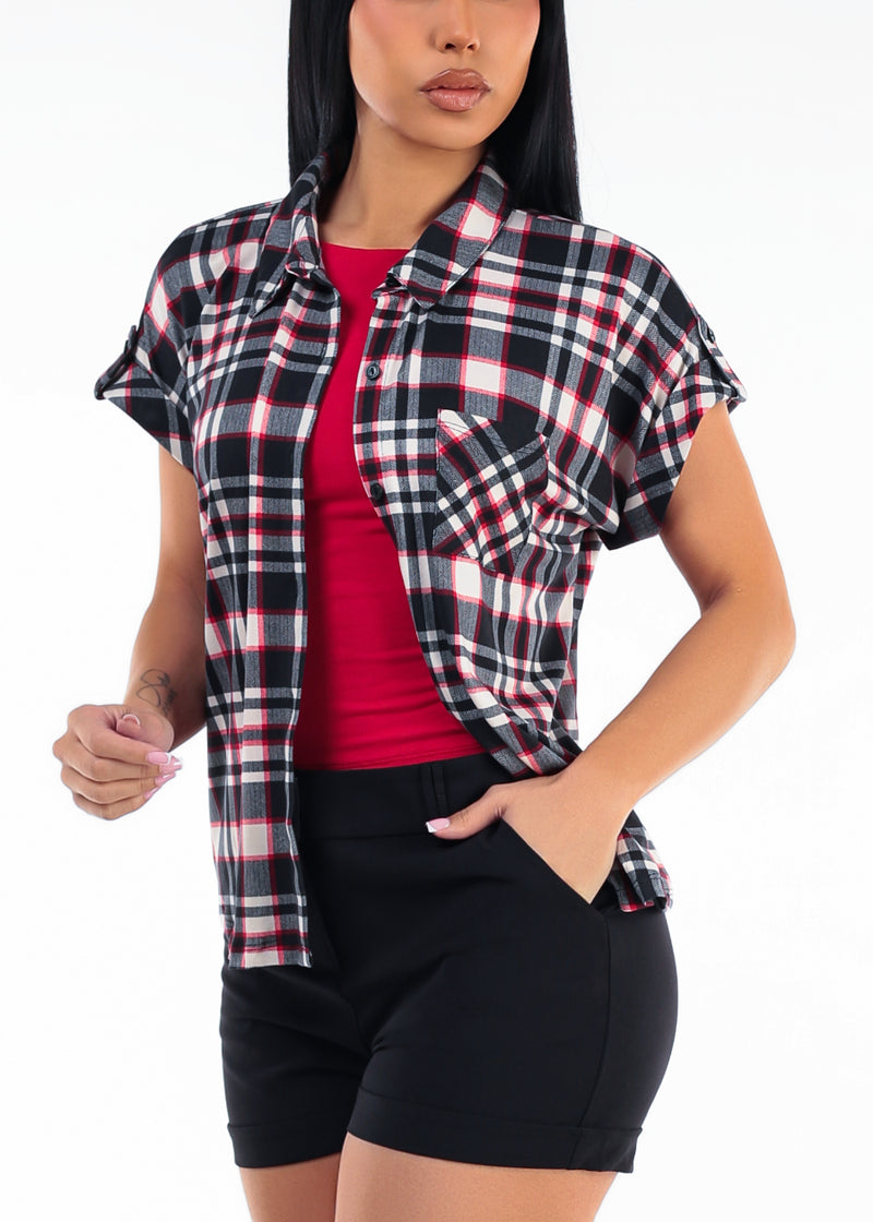Short Sleeve Button Up Stretch Plaid Blouse Black