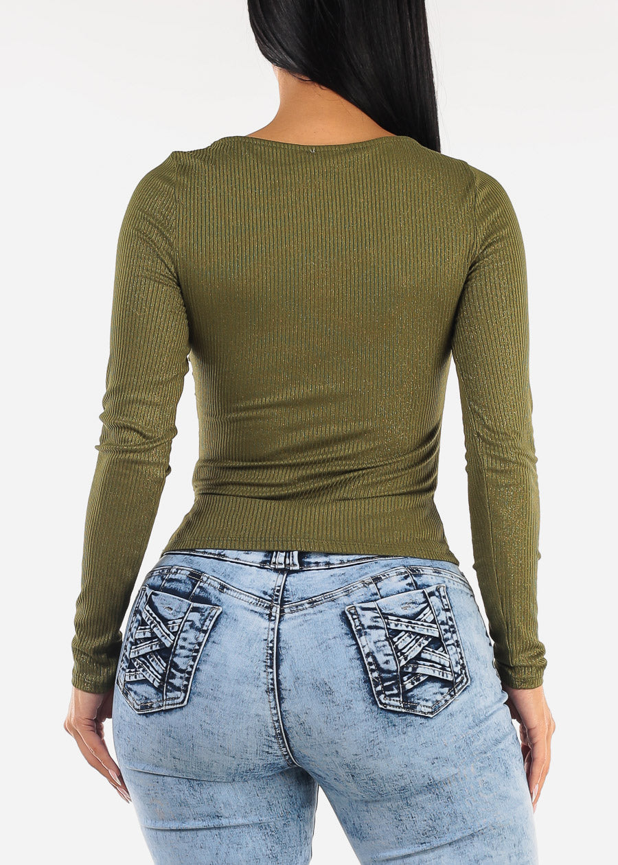 Asymmetrical Neckline Glittery Blouse Olive