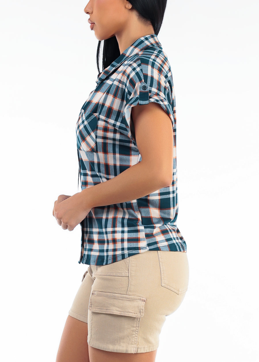 Short Sleeve Button Up Stretch Plaid Blouse Teal