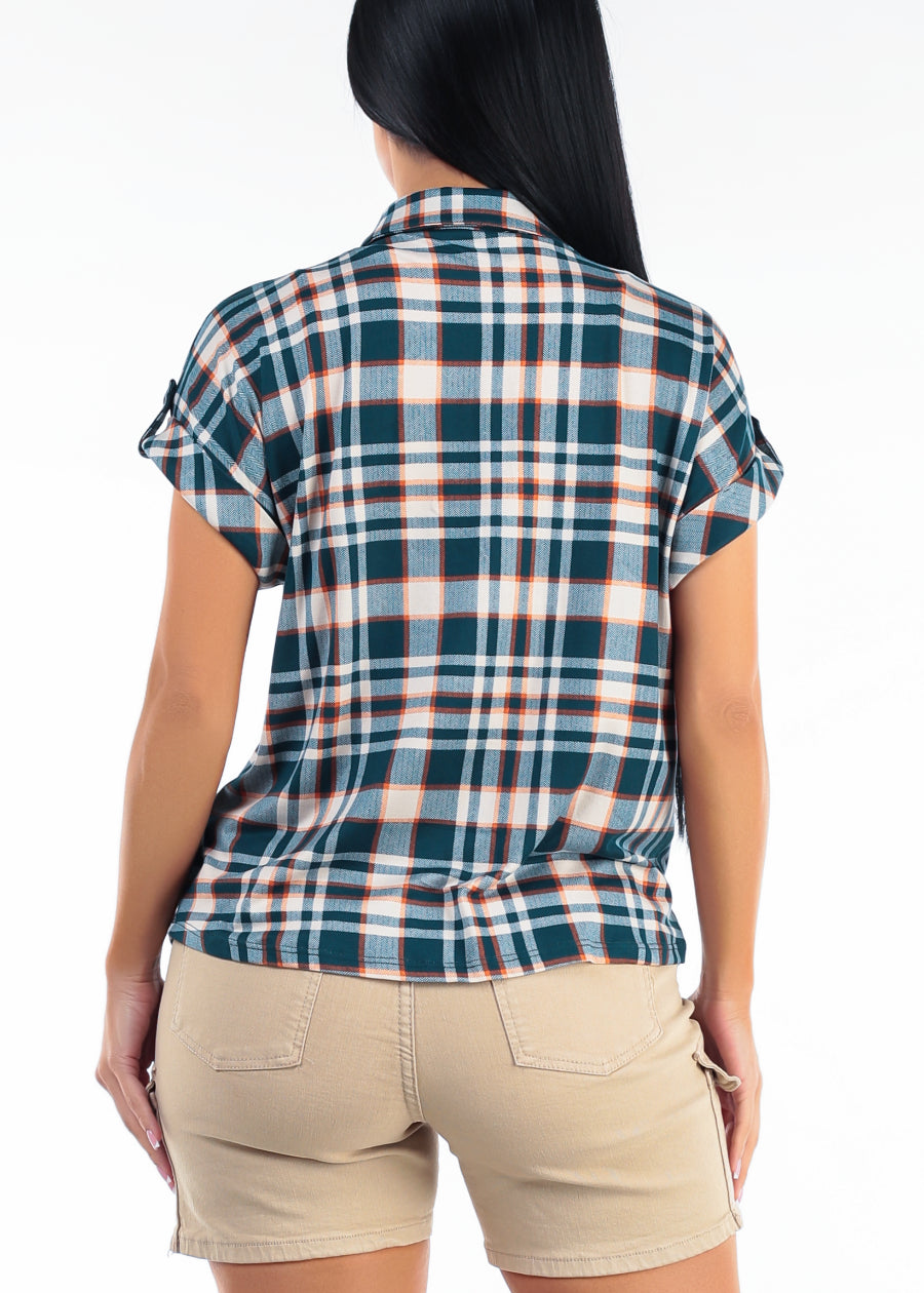 Short Sleeve Button Up Stretch Plaid Blouse Teal