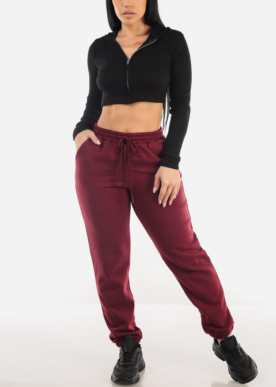 Drawstring Waist Fleece Jogger Pants Burgundy