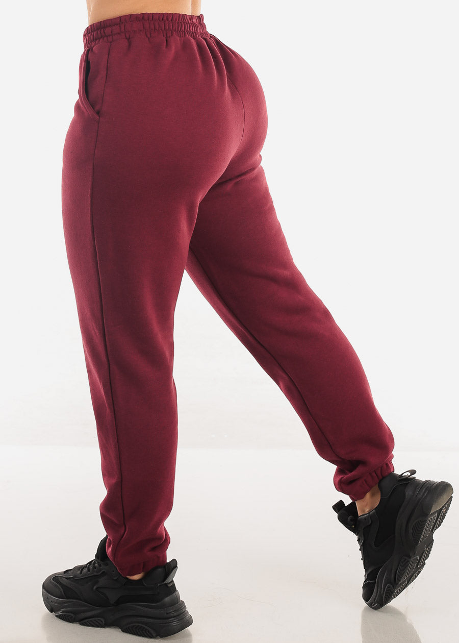 Drawstring Waist Fleece Jogger Pants Burgundy