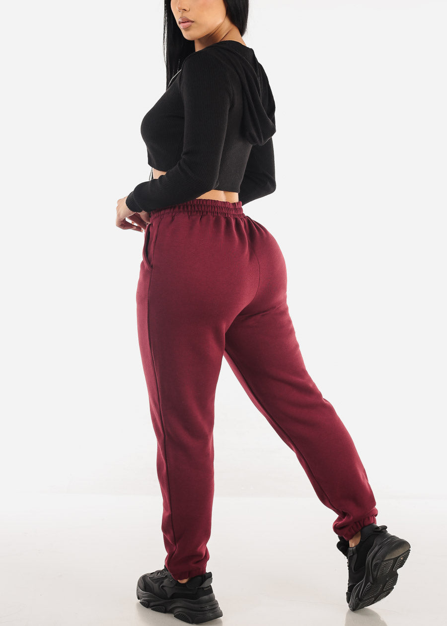 Drawstring Waist Fleece Jogger Pants Burgundy