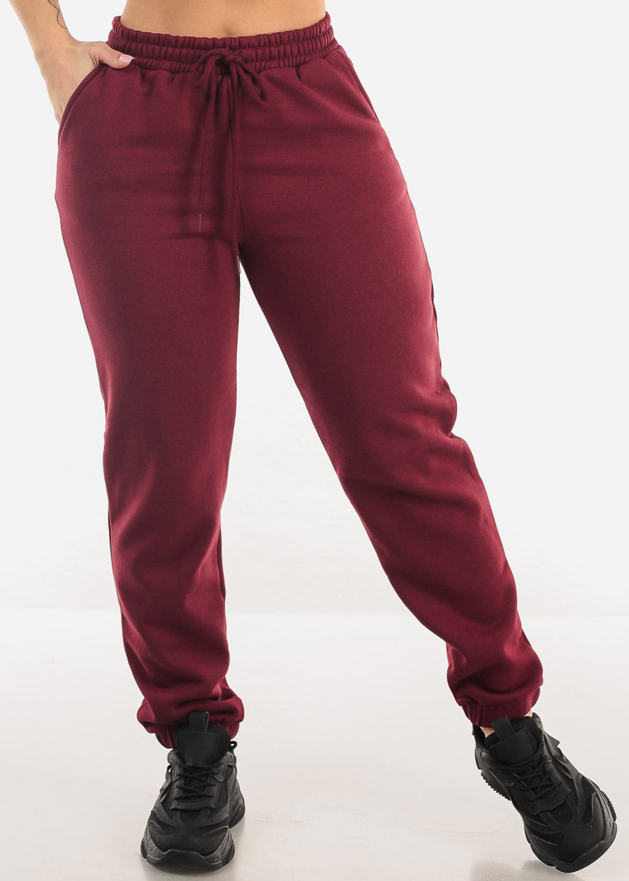 Drawstring Waist Fleece Jogger Pants Burgundy