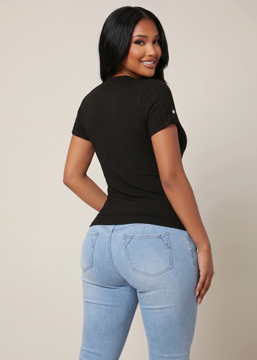 Short Sleeve Half Button Up Ribbed Stretch Blouse Black, view 2 of 2