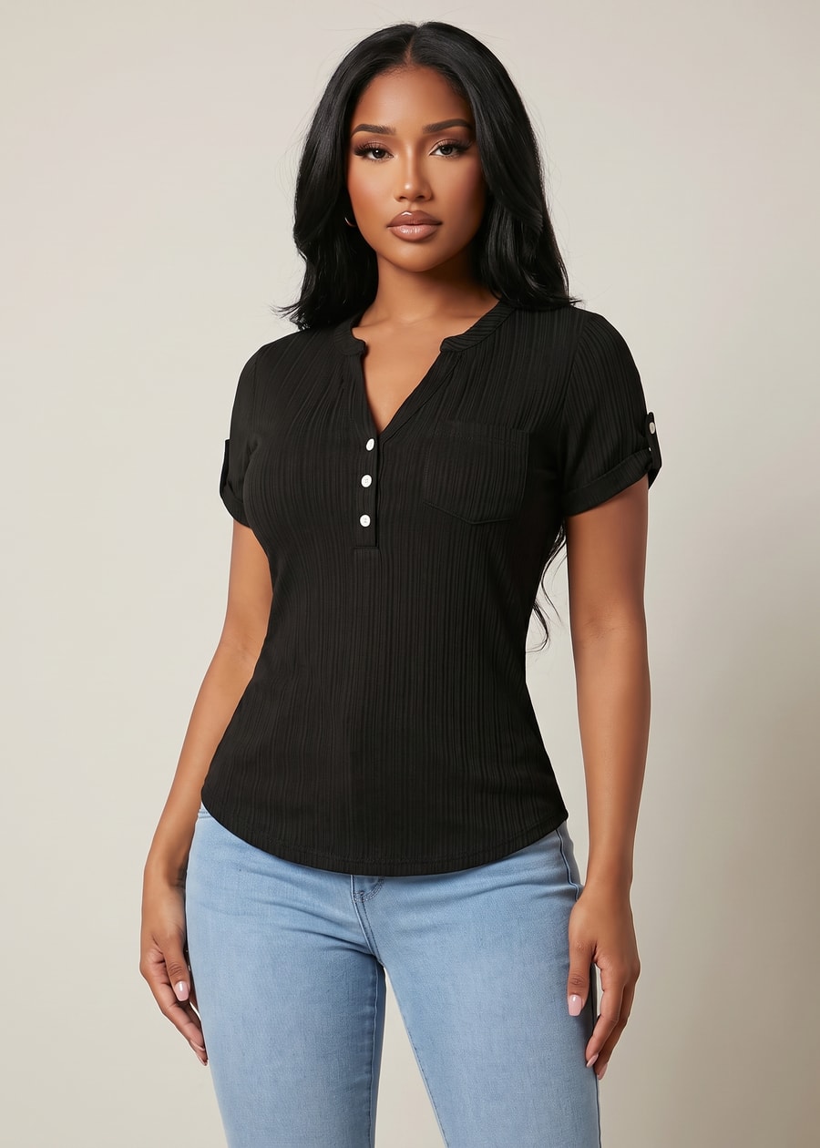 Short Sleeve Half Button Up Ribbed Stretch Blouse Black, view 1 of 2