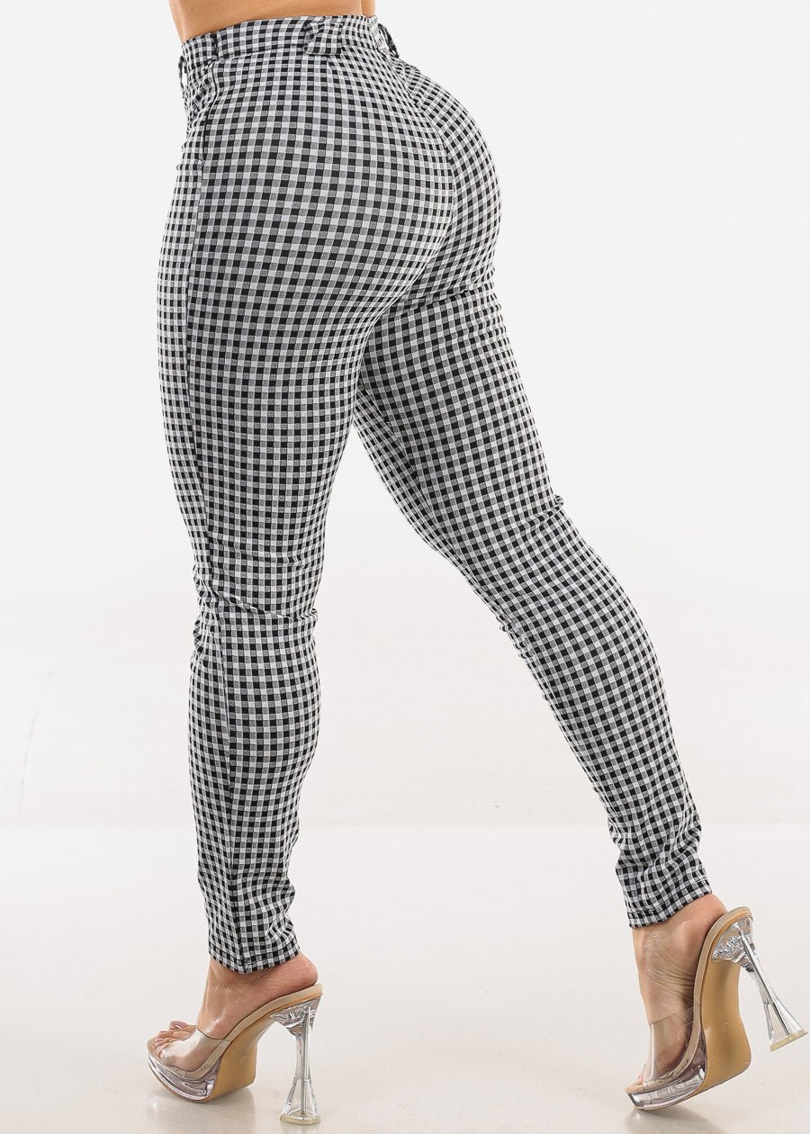 Super High Waist Plaid Stretch Skinny Pants B&W