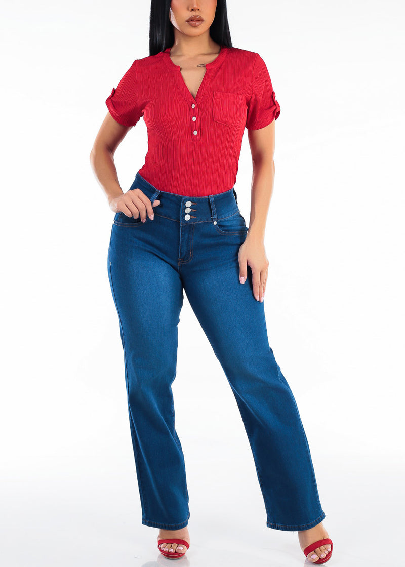 Short Sleeve Half Button Up Ribbed Stretch Blouse Red