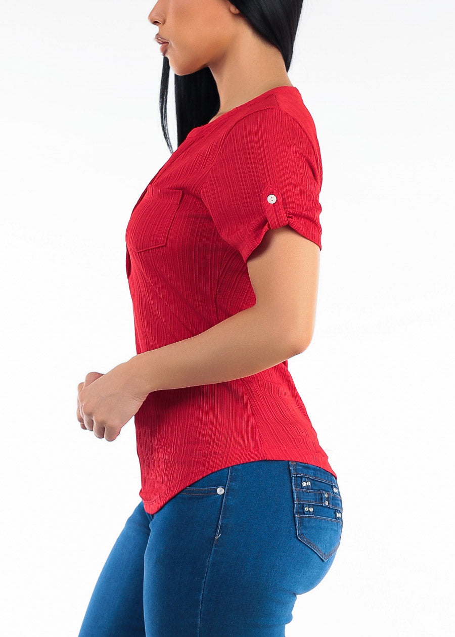 Short Sleeve Half Button Up Ribbed Stretch Blouse Red