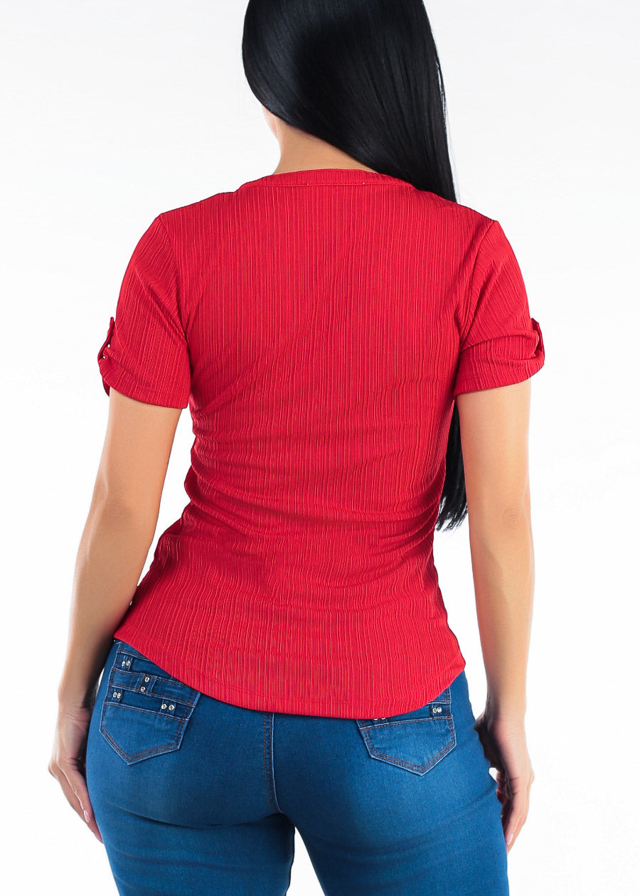 Short Sleeve Half Button Up Ribbed Stretch Blouse Red