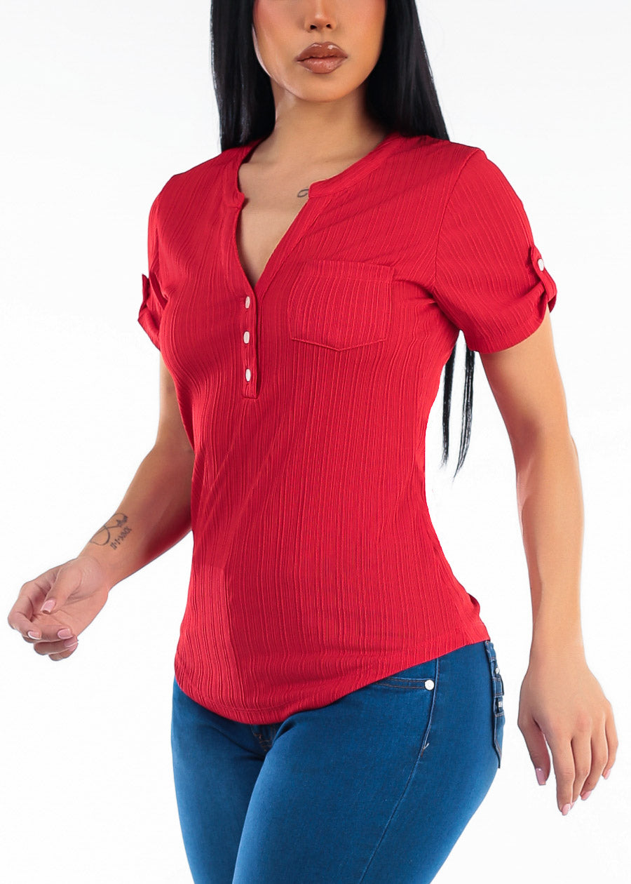 Short Sleeve Half Button Up Ribbed Stretch Blouse Red