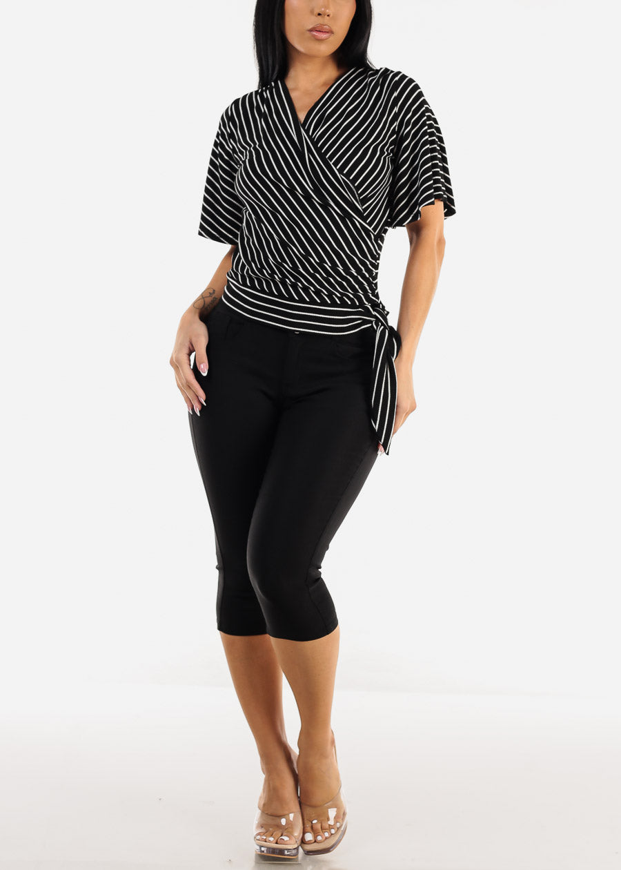 Short Sleeve Surplice Stripe Top Black