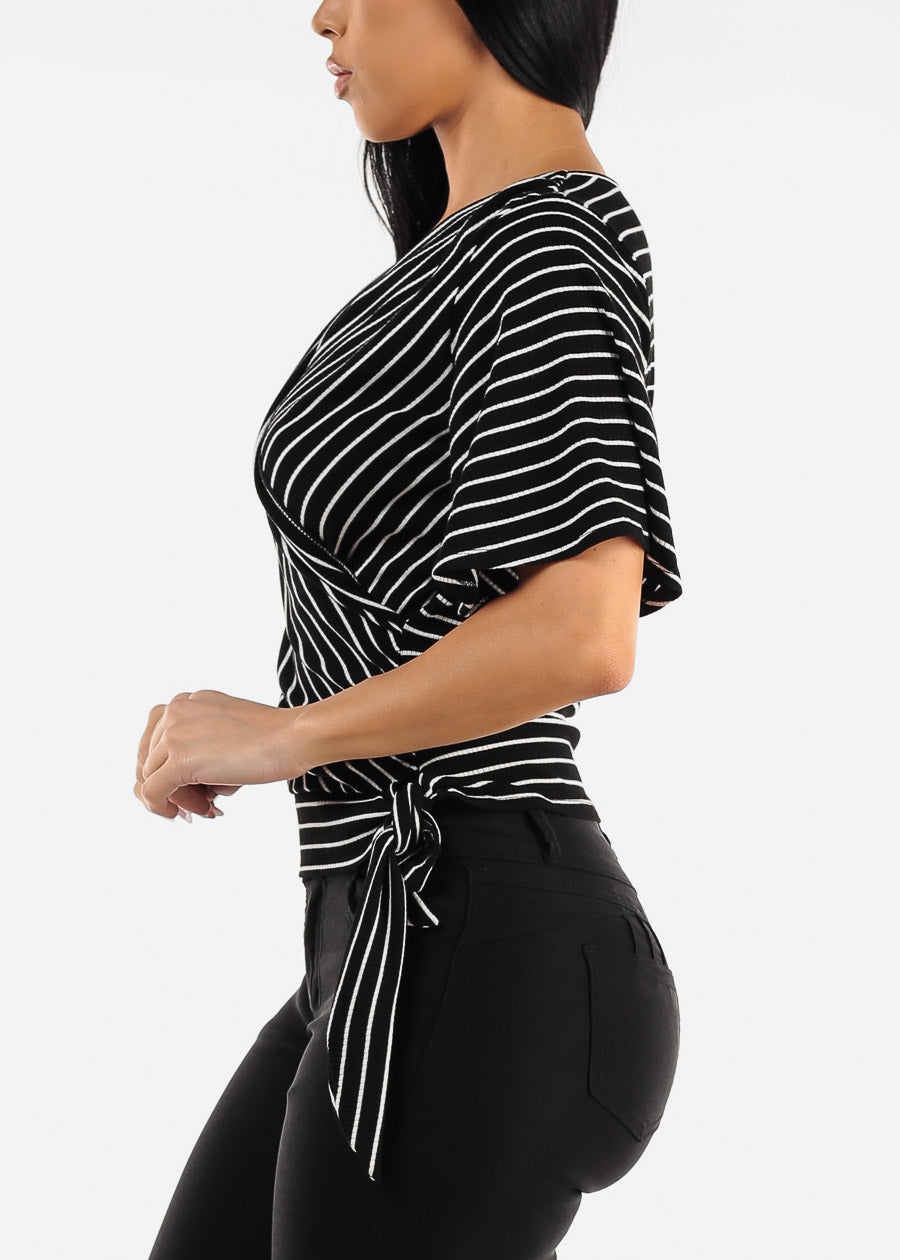 Short Sleeve Surplice Stripe Top Black