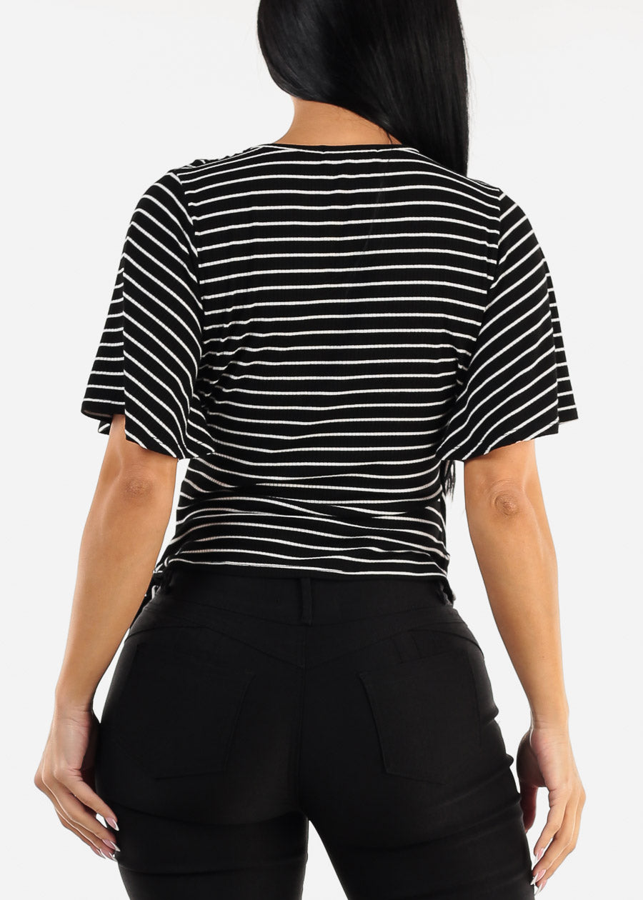 Short Sleeve Surplice Stripe Top Black