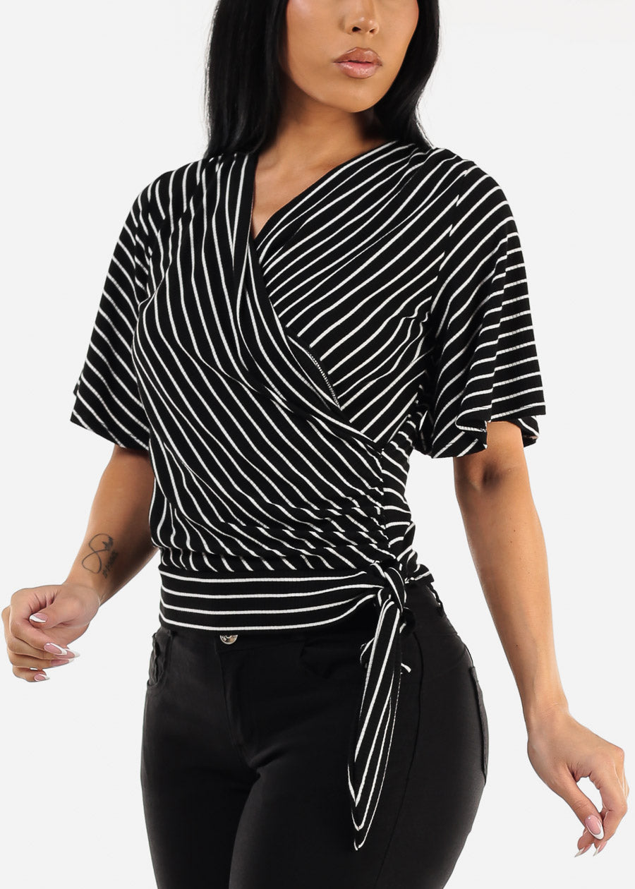 Short Sleeve Surplice Stripe Top Black