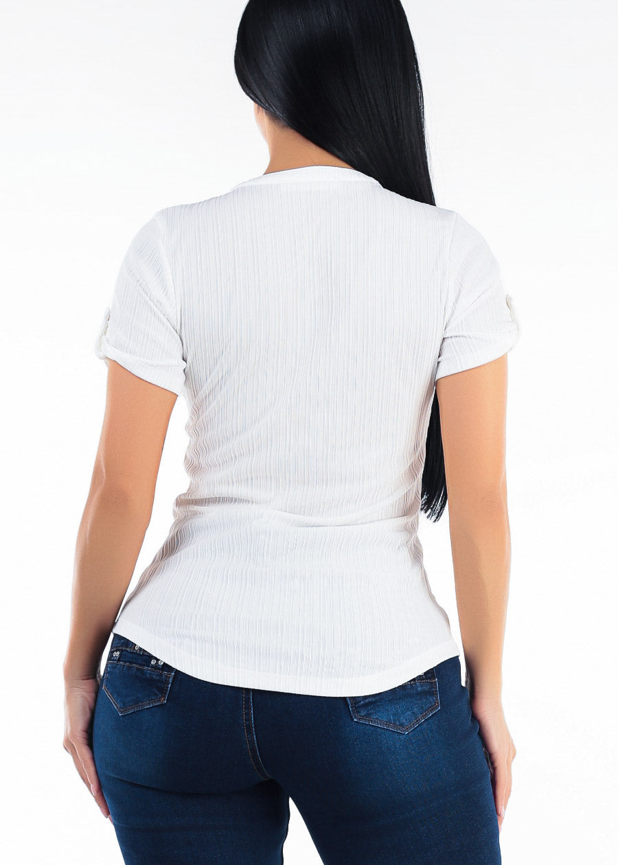 Short Sleeve Half Button Up Ribbed Stretch Blouse White