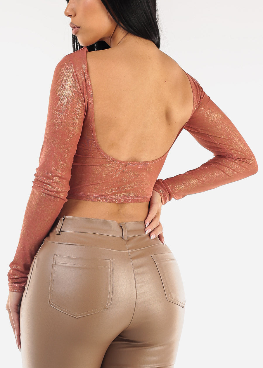 Long Sleeve Foil Mesh Crop Top Dusty Rose