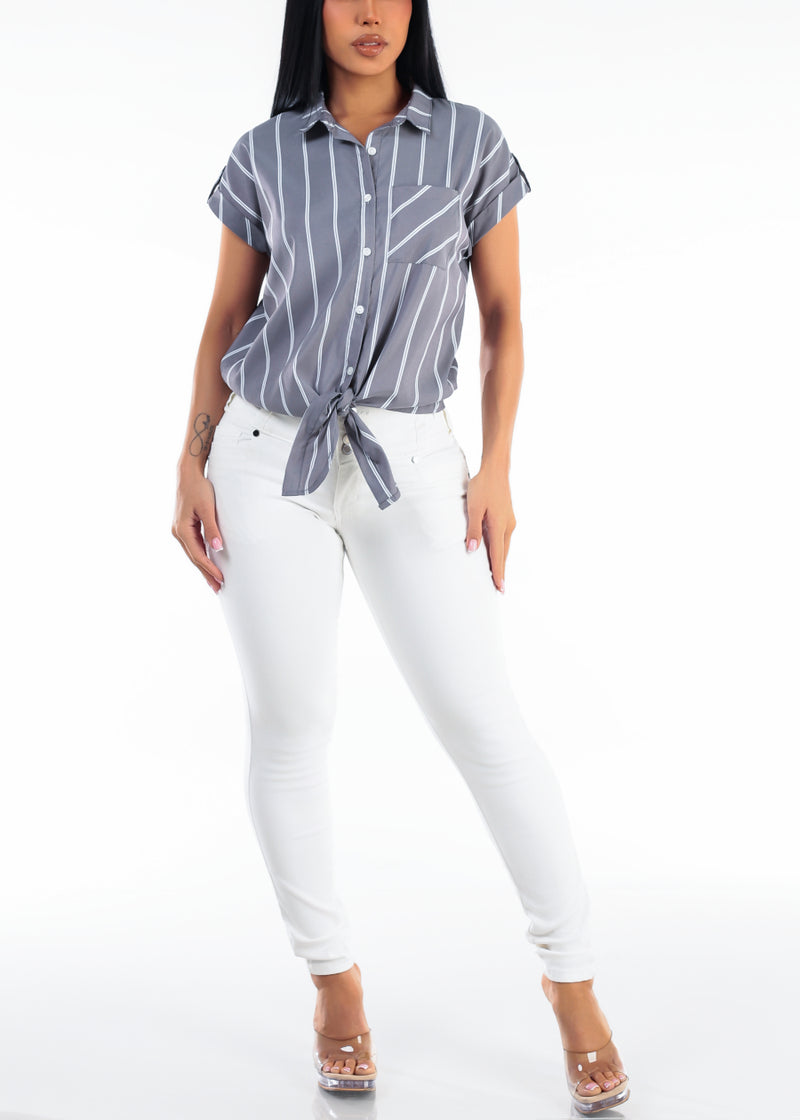 Short Sleeve Button Up Stripe Tie Front Blouse Grey