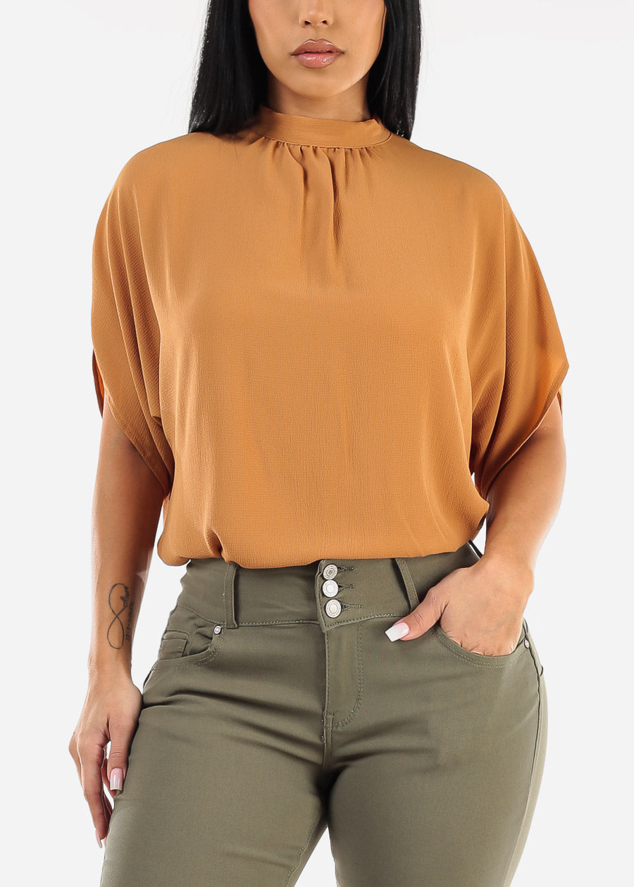 Cap Sleeve Loose Fit Blouse Khaki w Back Tie