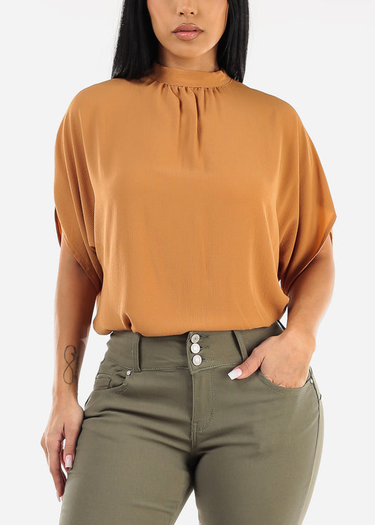 Cap Sleeve Loose Fit Blouse Khaki w Back Tie