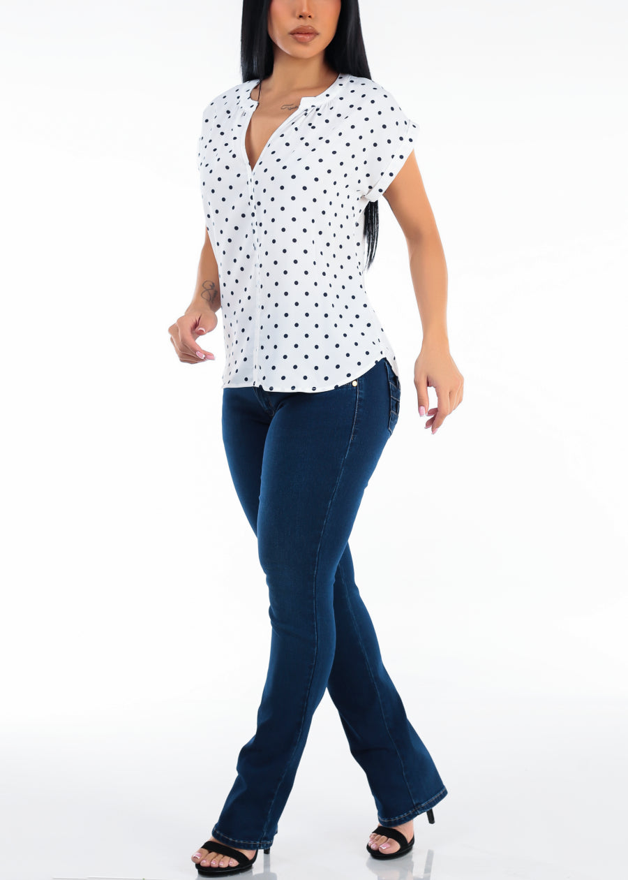 Short Sleeve Vneck Polka Dot Blouse Ivory