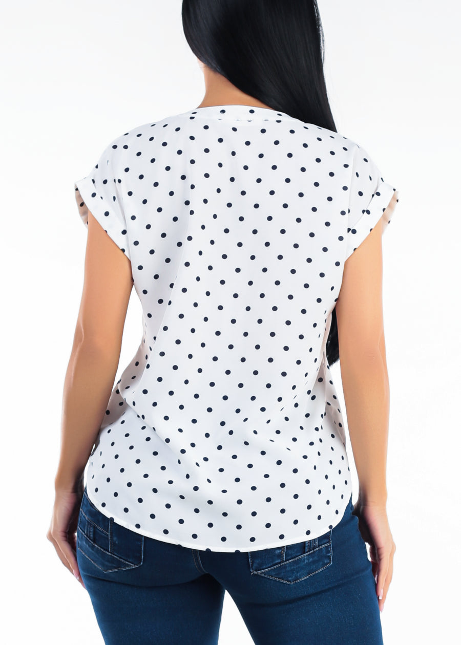 Short Sleeve Vneck Polka Dot Blouse Ivory