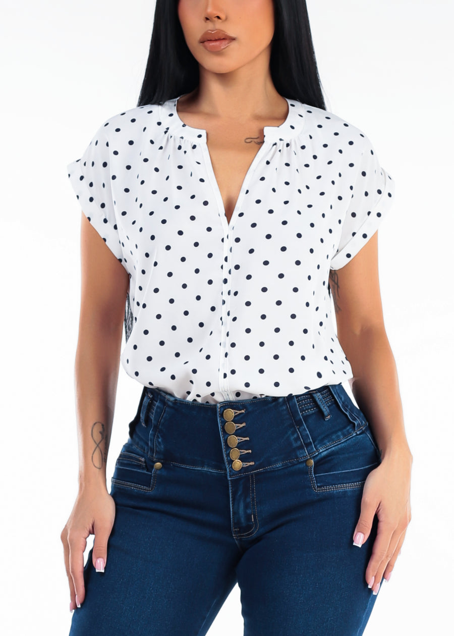 Short Sleeve Vneck Polka Dot Blouse Ivory