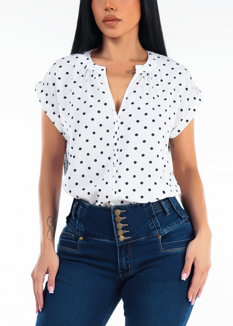 Short Sleeve Vneck Polka Dot Blouse Ivory