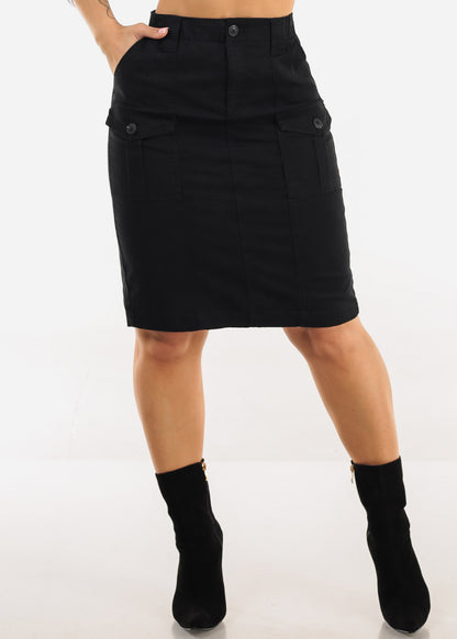 Butt Lift Stretch Cargo Denim Pencil Skirt Black