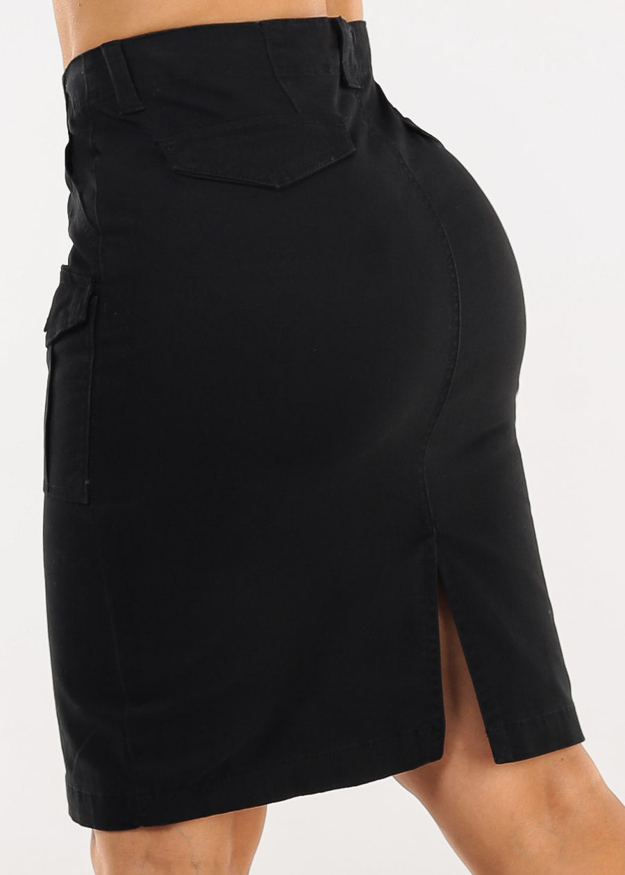 Butt Lift Stretch Cargo Denim Pencil Skirt Black