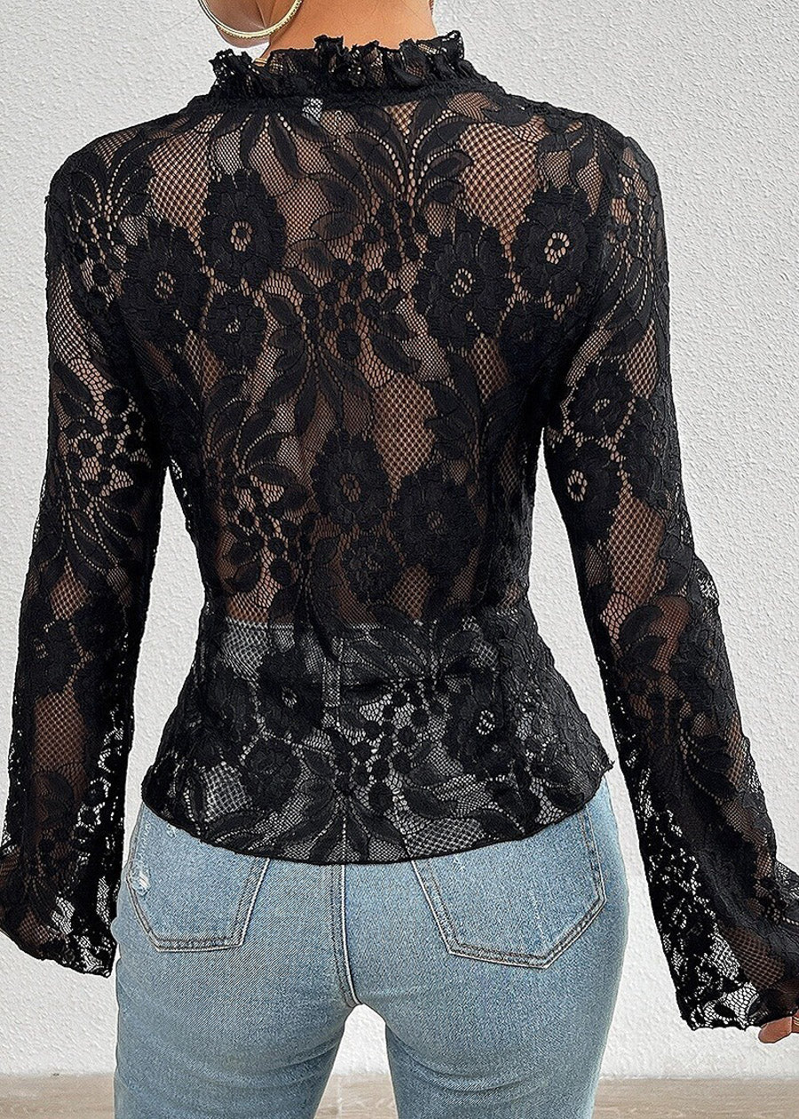 Long Sleeve Tie Front Black Lace Top