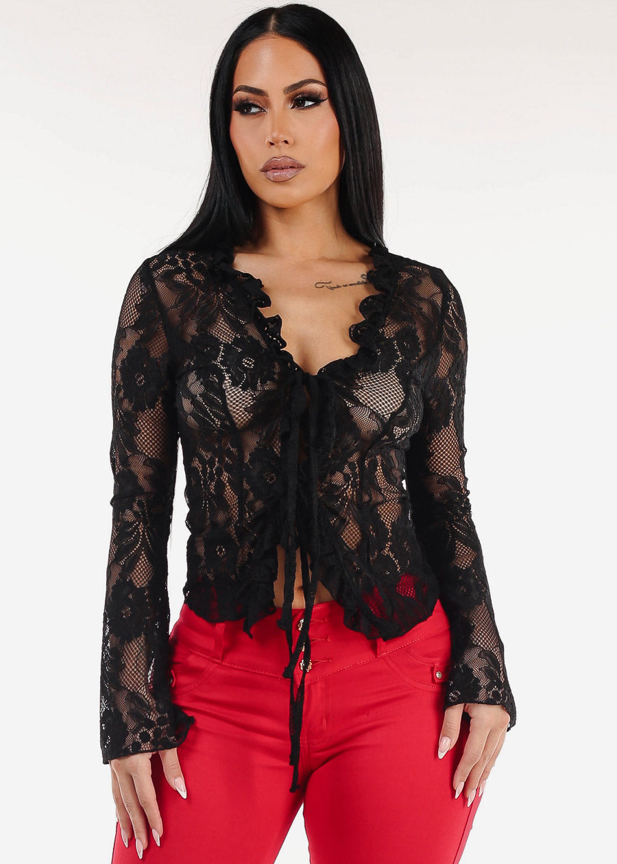 Long Sleeve Tie Front Black Lace Top