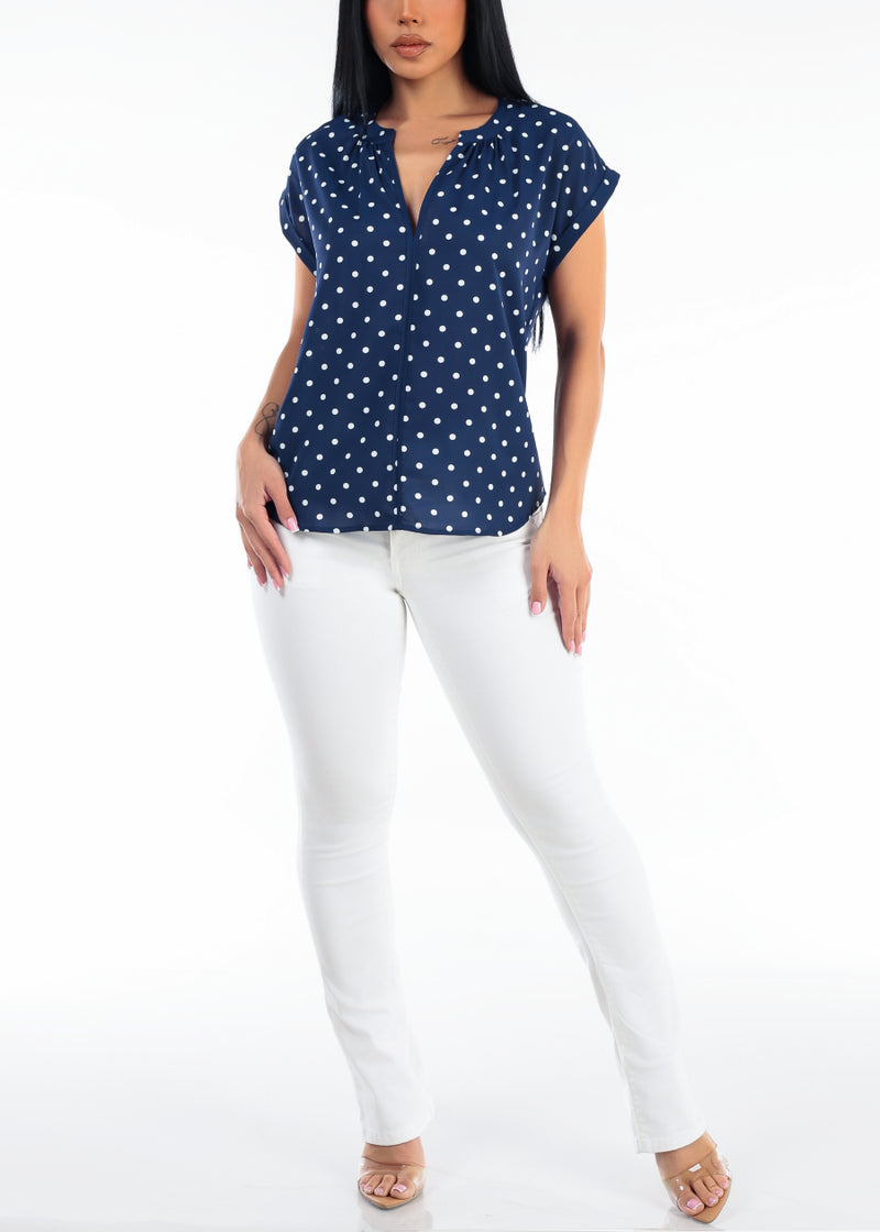 Short Sleeve Vneck Polka Dot Blouse Navy