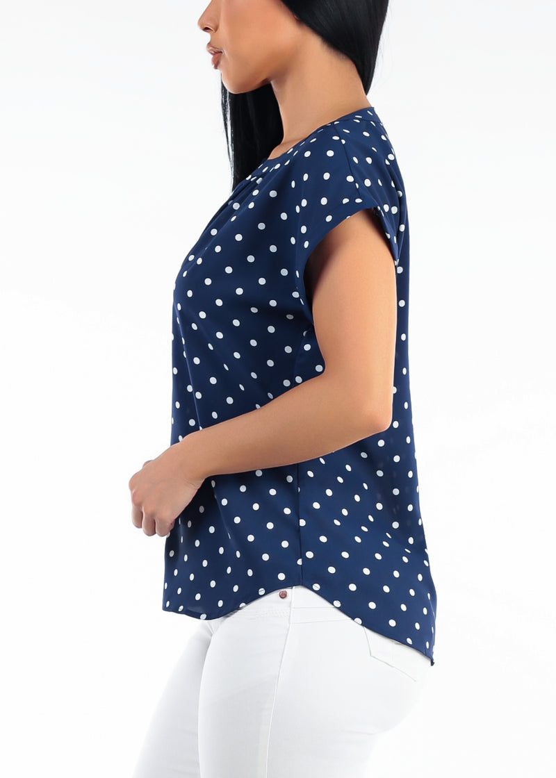 Short Sleeve Vneck Polka Dot Blouse Navy