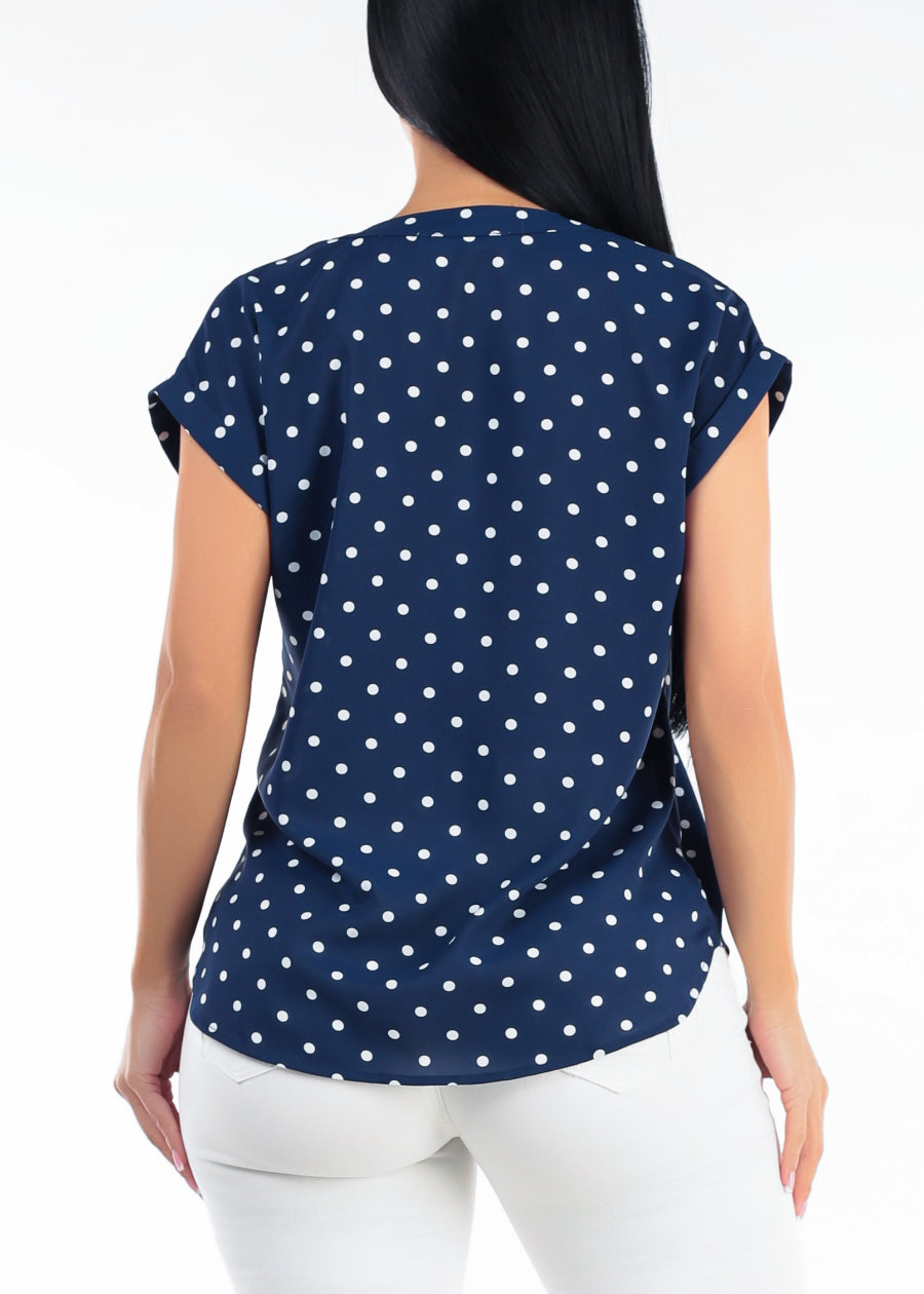 Short Sleeve Vneck Polka Dot Blouse Navy