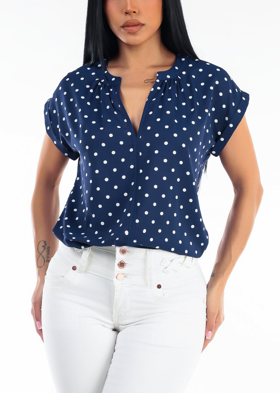 Short Sleeve Vneck Polka Dot Blouse Navy