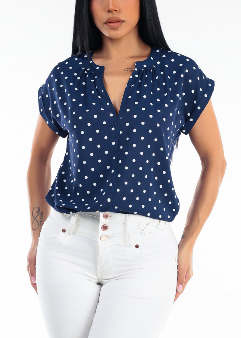 Short Sleeve Vneck Polka Dot Blouse Navy