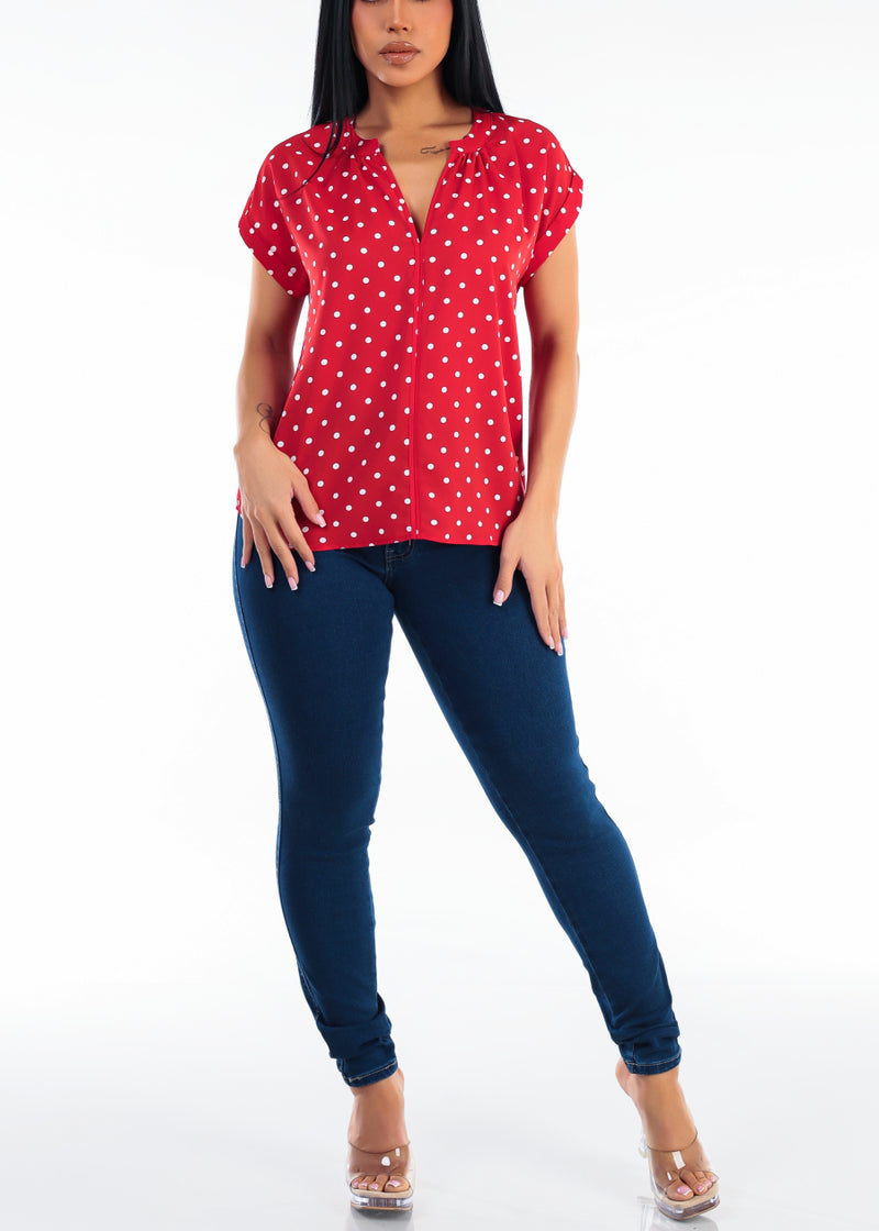 Short Sleeve Vneck Polka Dot Blouse Red