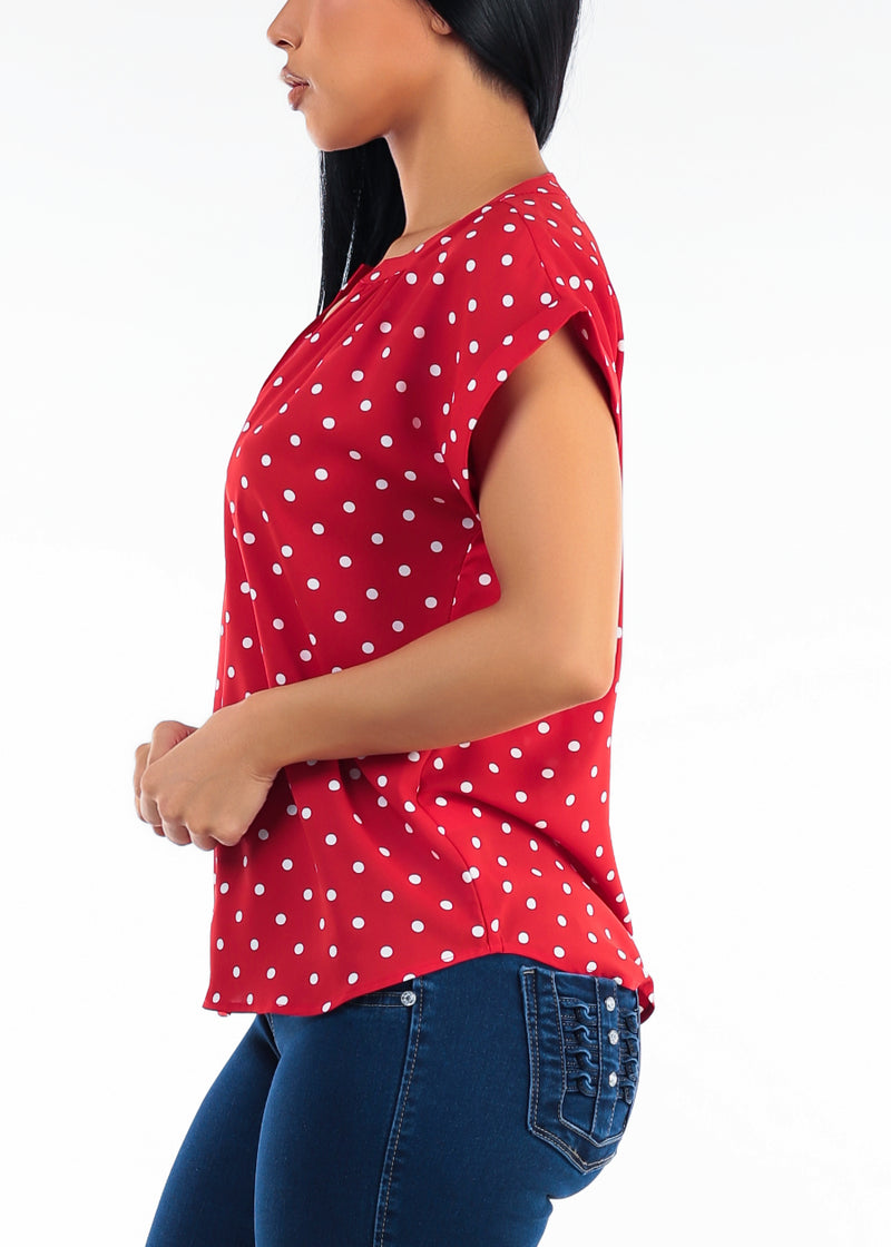 Short Sleeve Vneck Polka Dot Blouse Red