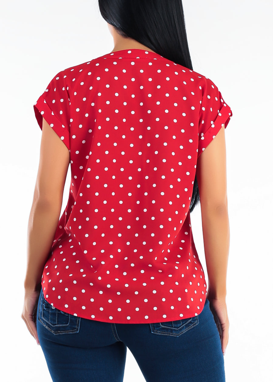Short Sleeve Vneck Polka Dot Blouse Red