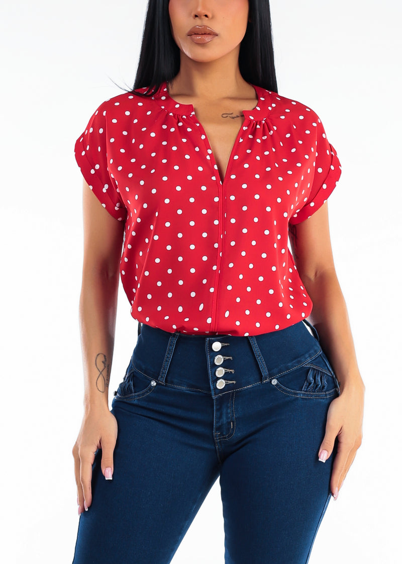Short Sleeve Vneck Polka Dot Blouse Red