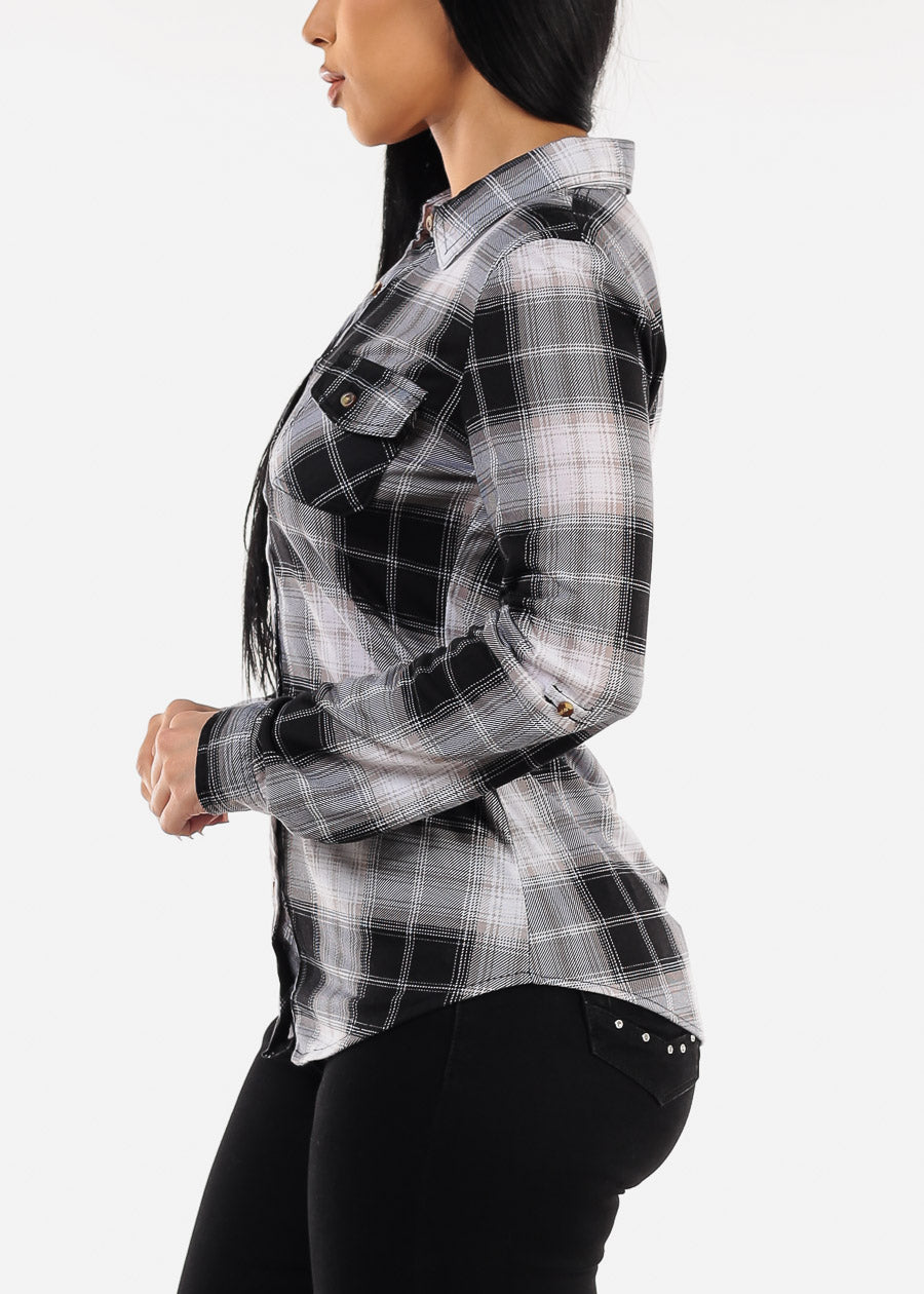 Long Sleeve Button Up Plaid Shirt  Black & White