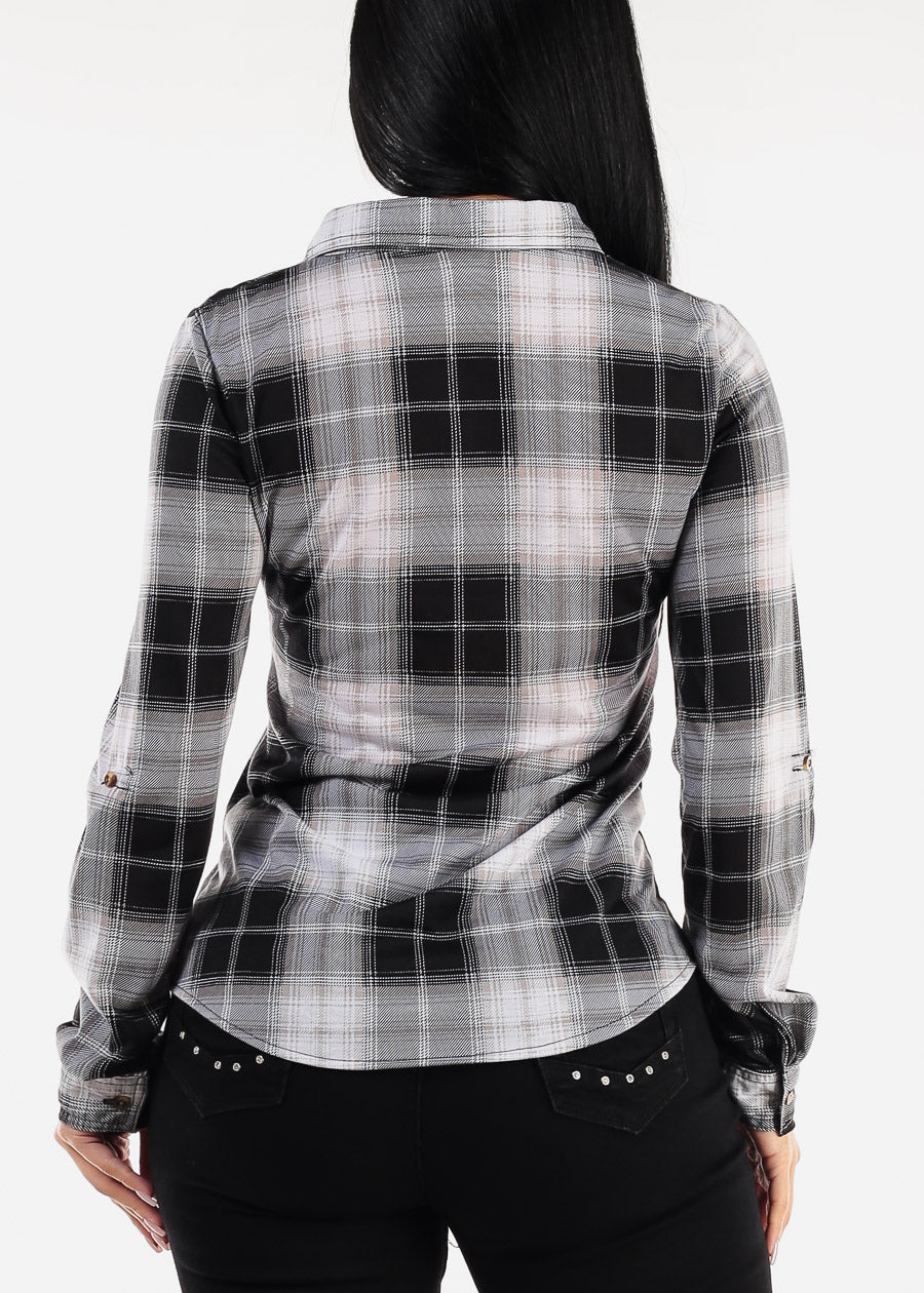 Long Sleeve Button Up Plaid Shirt  Black & White