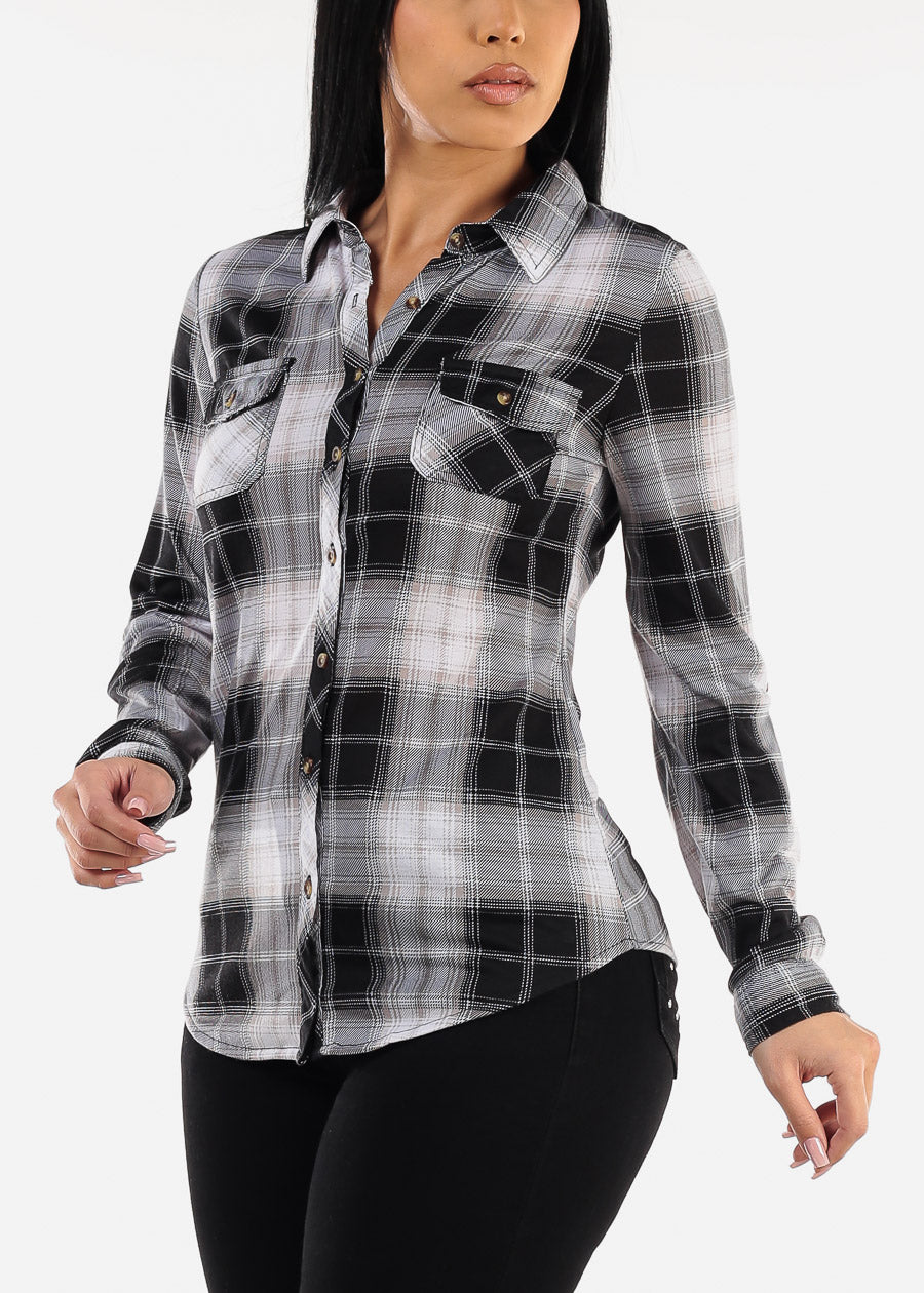 Long Sleeve Button Up Plaid Shirt  Black & White